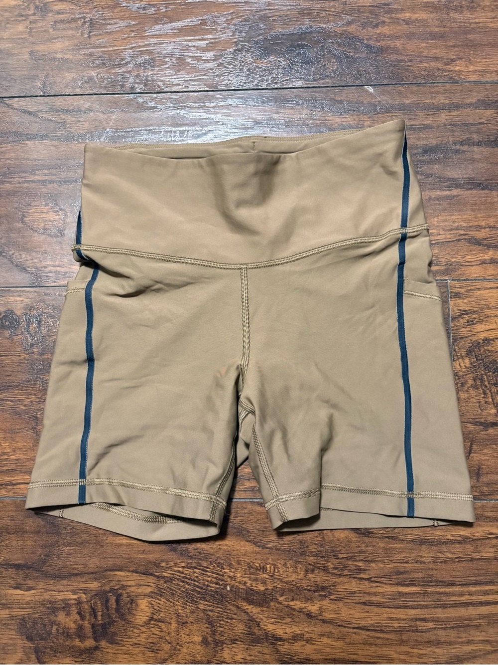 Athleta Tan Bike Shorts with Navy Side Trim